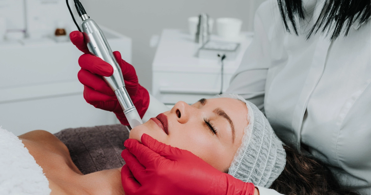 A woman receiving a Microneedling cosmetic procedure in Memphis, TN, on her face with a silver handheld device, administered by a technician in red gloves.